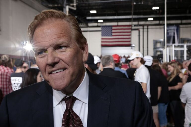 Former US Representative and current 2026 US Senate candidate Mike Rogers, Republican from Michigan, speaks to reporters in Howell, Michigan, on September 17, 2025.