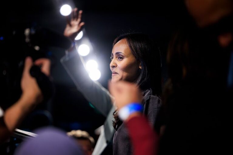 Democratic congressional candidate Melat Kiros speaks to supporters at an election-night watch party in Denver, Colorado, after winning the primary on June 30.