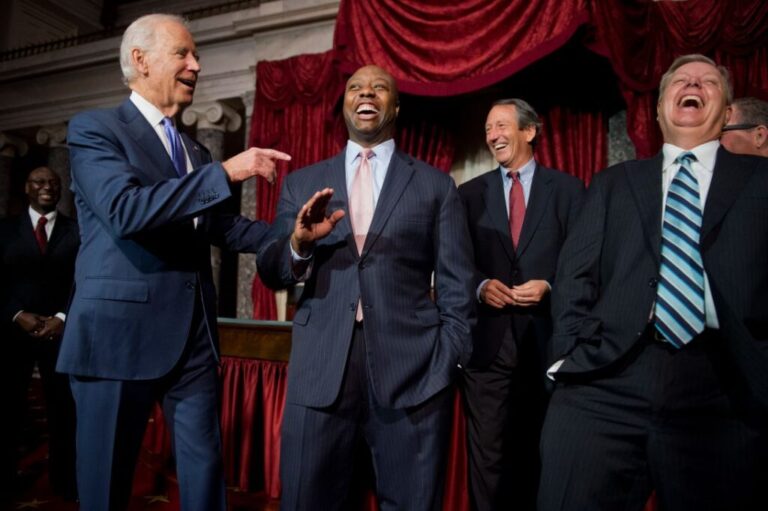 From left: Vice President Joe Biden, Sen. Tim Scott, Rep. Mark Sanford, and Sen. Lindsey Graham, share a laugh following a mock swearing-in ceremony for Scott, in the Capitol's Old Senate Chamber, in December 2014.