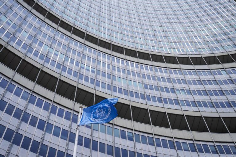The flag of the International Atomic Energy Agency is seen during an IAEA Board of Governors meeting at the IAEA headquarters in Vienna, Austria, on June 23, 2025.