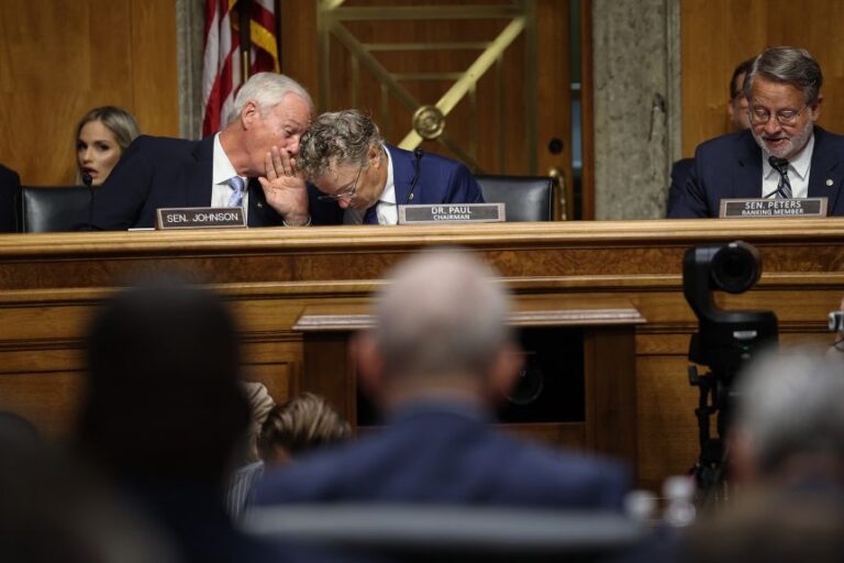Sen. Ron Johnson speaks to Committee Chairman Sen. Rand Paul during the July 29 hearing.