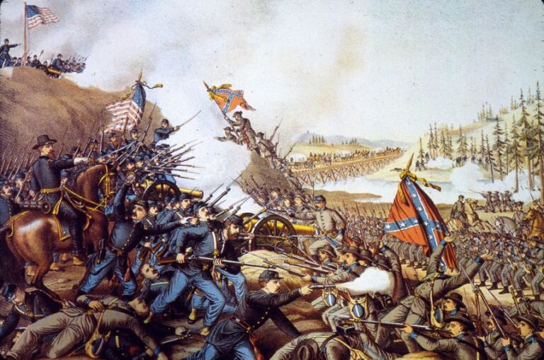 Union and Confederate troops fighting during the Battle of Franklin in Tennessee on November 30, 1864.