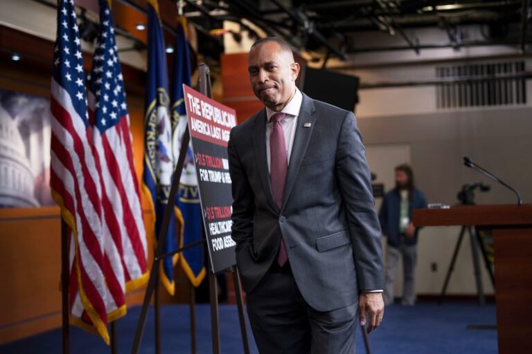 House Minority Leader Hakeem Jeffries finishes a meeting with reporters at the US Capitol, on Thursday.