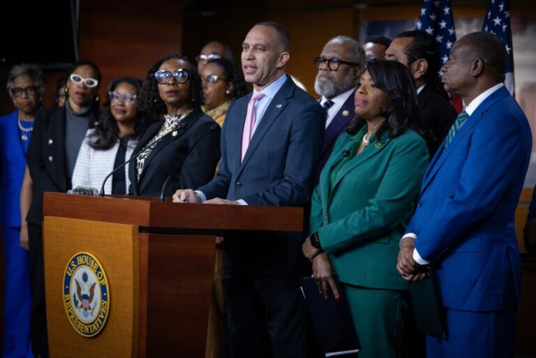 House Minority Leader Hakeem Jeffries speaks at a press conference with other members of the Congressional Black Caucus at the US Capitol in Washington, DC on April 29, 2026.