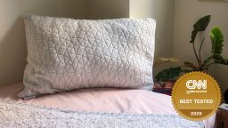 The Coop Original Adjustable Pillow on a bed next to some plants