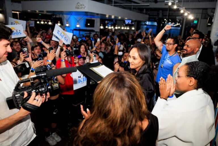 Melat Kiros, a progressive Democratic congressional candidate, speaks to supporters at an election-night watch party in Denver, after winning the Colorado primary on June 30.