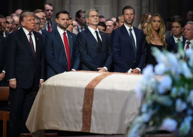 From left, President Donald Trump, Vice President JD Vance, Treasury Secretary Scott Bessent, Eric Trump and Lara Trump look on during the funeral service for the late Sen. Lindsey Graham at the Washington National Cathedral on July 28.