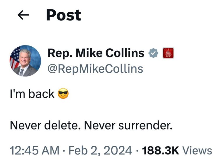 A post to X from Rep. Mike Collins, following the reinstation of a previous post that had been temporarily banned for violating the platform’s rules on violent speech.