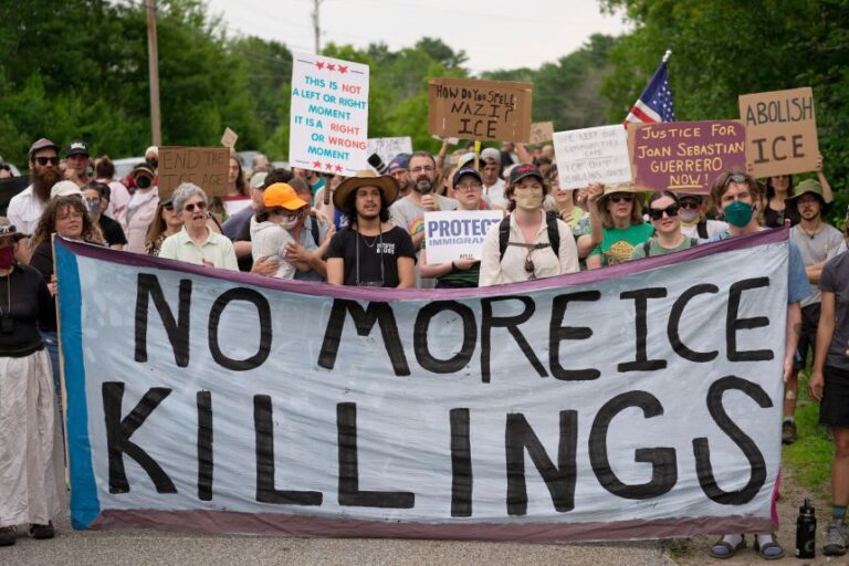 Protesters gather near an Immigration and Customs Enforcement facility in Scarborough, Maine, on July 14, 2026.