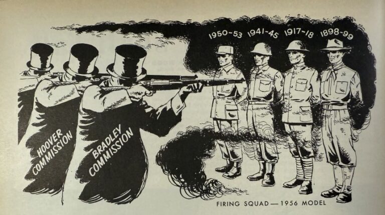 A photo of a Veterans of Foreign Wars political cartoon from 1956, protesting a Bradley Commission finding that recommended general pensions not be paid to all veterans.