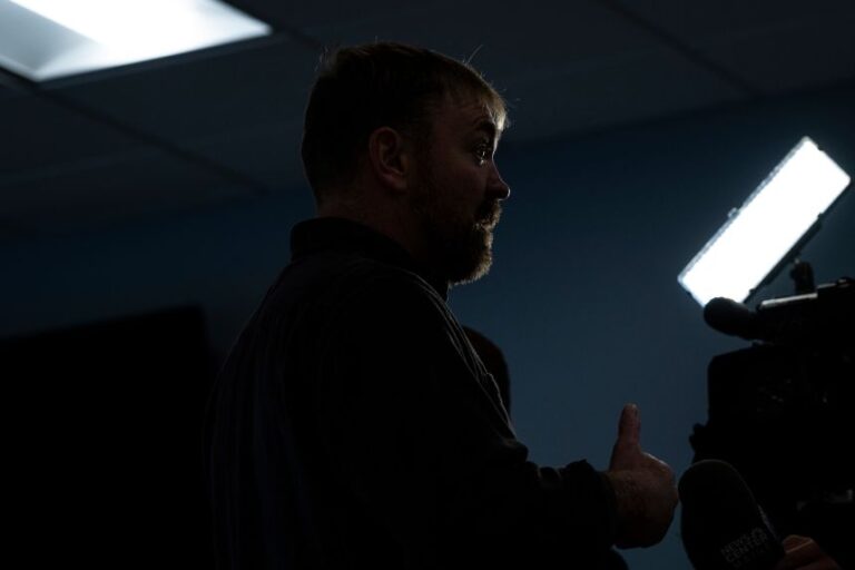 Graham Platner speaks during a television interview, after a campaign event with the Maine AFL-CIO in Portland, Maine, on May 1.