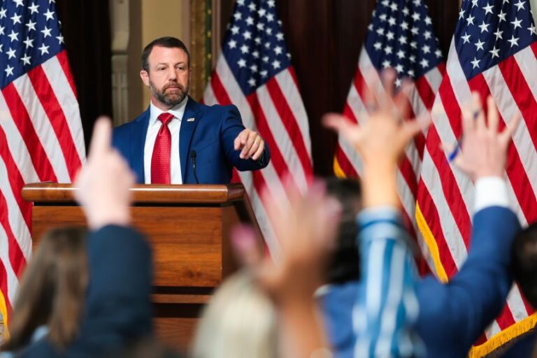 Secretary of Homeland Security Markwayne Mullin speaks during a news conference in the Eisenhower Executive Office Building on July 17.