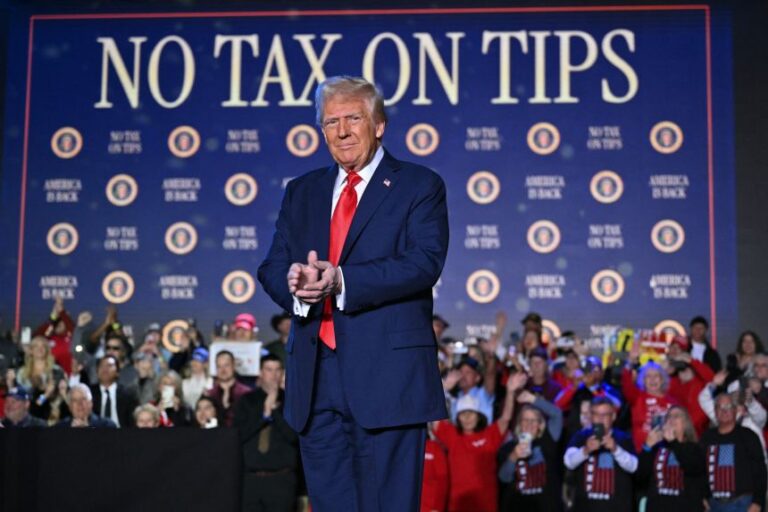 President Donald Trump arrives to speak on his policy to end taxes on tips in Las Vegas on January 25, 2025.