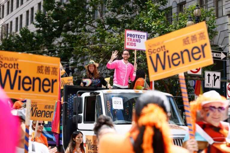 California state Sen. Scott Wiener participates in the San Francisco Pride Parade on June 28.