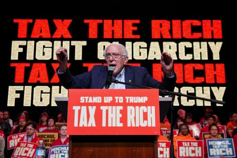 Sen. Bernie Sanders speaks to supporters during a