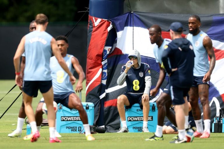 Thomas Tuchel, manager of England, looks on during a training session at Swope Soccer Village on July 2, 2026, in Kansas City, Kansas.