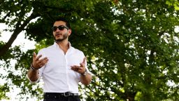Abdul El-Sayed, a Democratic US Senate candidate for Michigan, speaks to volunteers during a canvassing event at Riverside Park in Grand Rapids, Michigan, on July 7.