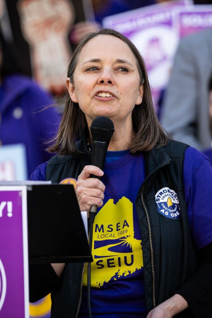 Maine Secretary of State Shenna Bellows speaks during a May Day rally in Portland, Maine, on May 1.
