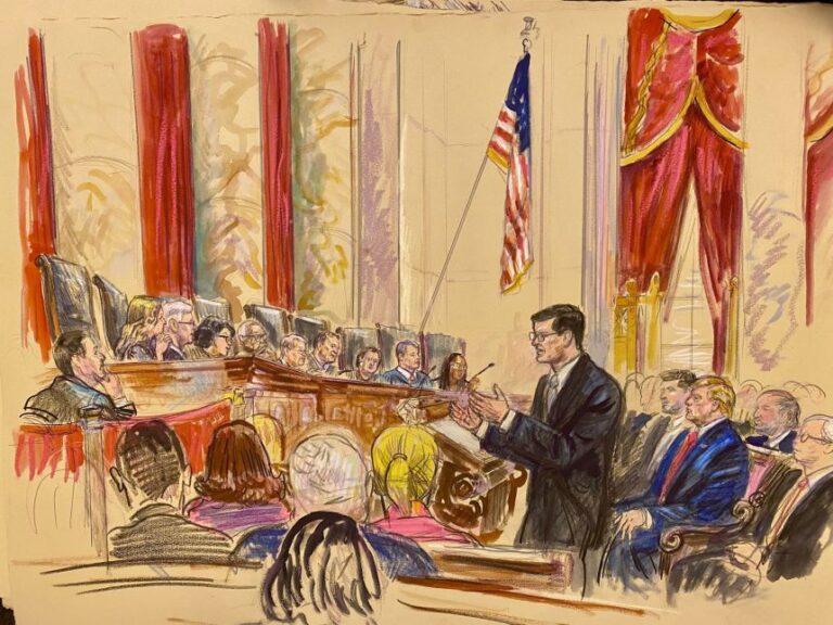 This courtroom sketch shows US Solicitor General D. John Sauer and President Donald Trump during oral arguments over Trump’s executive order that attempts to end automatic birthright citizenship at the US Supreme Court in Washington, DC, on Wednesday, April 1, 2026.