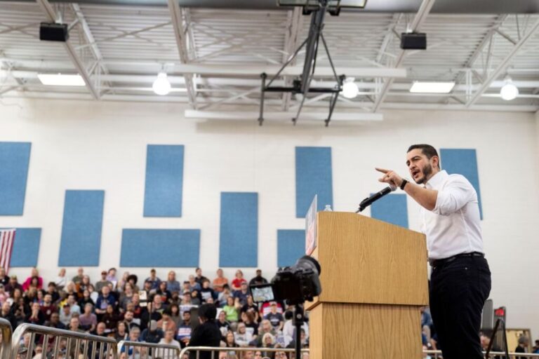 Abdul El-Sayed, a Democratic candidate for US Senate in Michigan, speaks at Mumford High School in Detroit on May 3.