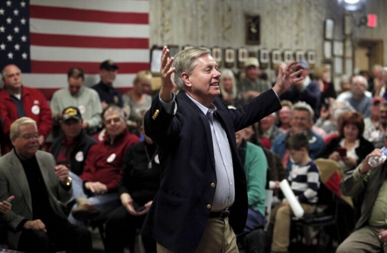 Lindsey Graham stumps for Republican presidential candidate and former Florida Governor Jeb Bush during a town hall meeting at VFW Post #10420 in Murrells Inlet, South Carolina, on February 10, 2016.
