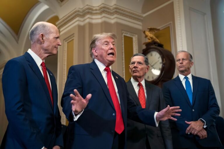 President Donald Trump, joined by Sens. Rick Scott and John Barrasso, and Senate Majority Leader John Thune, speaks to reporters at the Capitol on June 24, 2026.