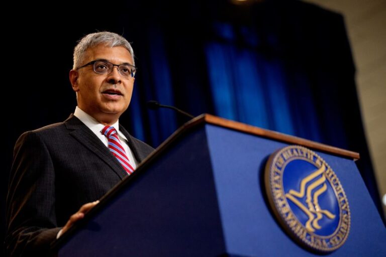 National Institutes of Health Director Dr. Jay Bhattacharya speaks during a news conference on April 22, 2025, in Washington.