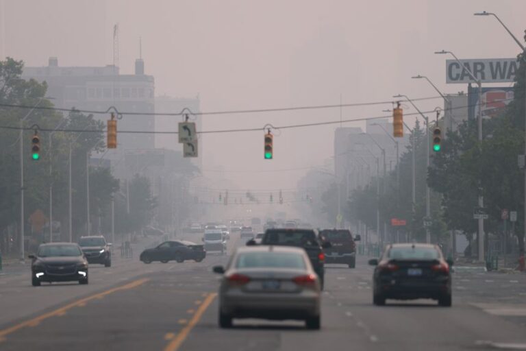Smoke from Canadian wildfires settles in Detroit on July 16.