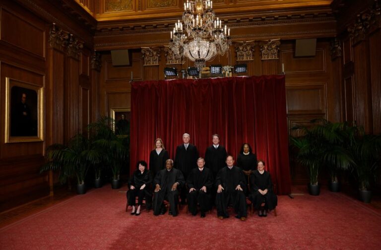 Justices of the US Supreme Court pose for their official photo at the Supreme Court in Washington, DC, on October 7, 2022.