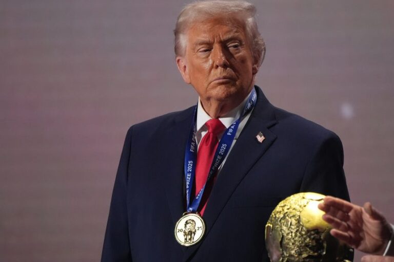 President Donald Trump after receiving the FIFA Peace Prize at the Kennedy Center in Washington on December 5, 2025.