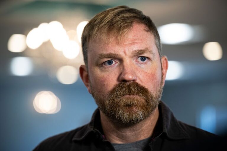 Senate candidate from Maine Graham Platner speaks during a television interview, after a campaign event with the Maine AFL-CIO, on May 1, 2026 in Portland, Maine.