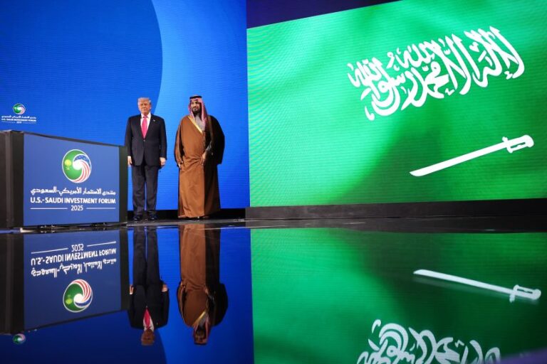 US President Donald Trump and Crown Prince and Prime Minister Mohammed bin Salman of Saudi Arabia arrive at the U.S.-Saudi Investment Forum at the Kennedy Center on November 19, 2025 in Washington, DC.