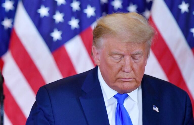 US President Donald Trump looks on after speaking during election night in the East Room of the White House in Washington, DC, early on November 4, 2020.