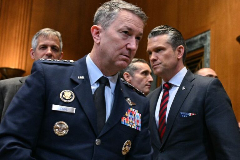 Chairman of the Joint Chiefs of Staff Gen. Dan Caine and Defense Secretary Pete Hegseth arrive for a Senate hearing on May 12.