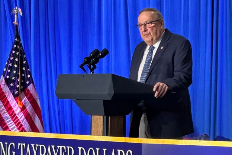 Former Maine Gov. Paul LePage speaks at an event with Vice President JD Vance, in Bangor, Maine, on May 14.