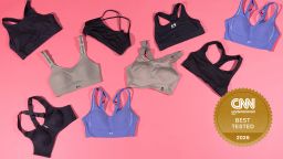 Eight sports bras on the ground.