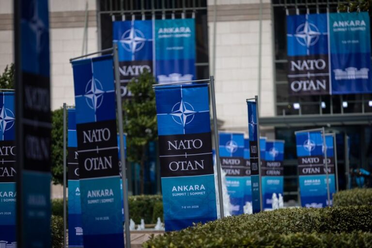 NATO banners are seen in Ankara, Turkey, ahead of the 2026 NATO summit on July 6.