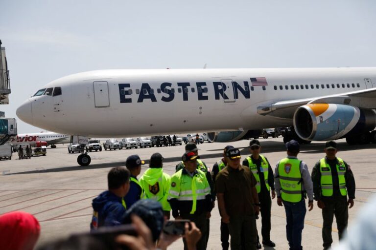 A plane carrying the children of Venezuelan migrants deported from the United States arrives at Simon Bolivar International Airport, in Maiquetia, Venezuela, on July 18, 2025.