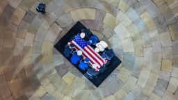 An Armed Forces Body Bearer Team moves the casket of late Senator Lindsey Graham for a Congressional tribute in the Rotunda of the US Capitol on July 28.