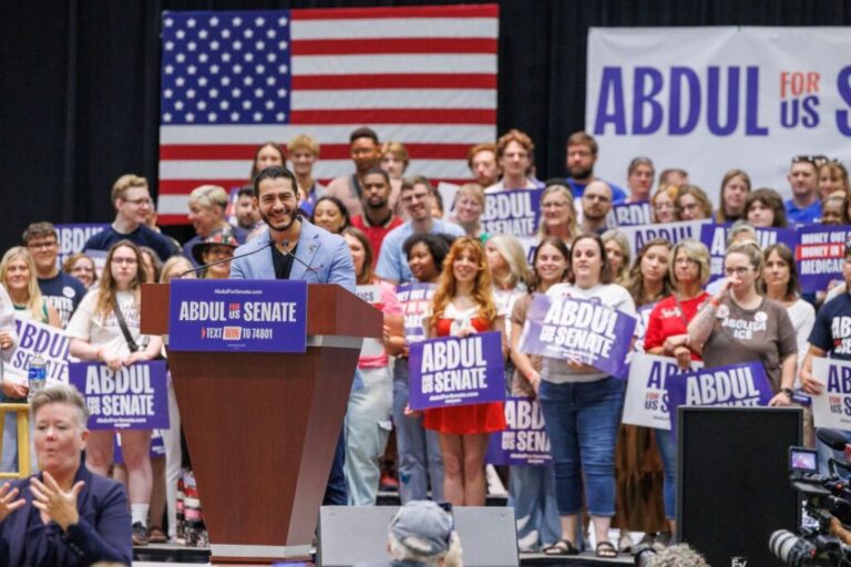 US Senate candidate Abdul El-Sayed speaks at a rally with Sen. Bernie Sanders, US Rep. Alexandria Ocasio-Cortez and US House candidate William Lawrence in Lansing, Michigan, on July 19, 2026.