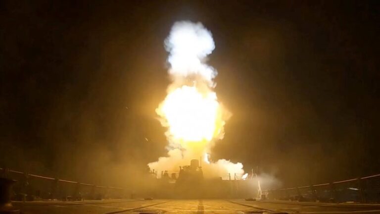 A projectile is fired during what the US Central Command said was a round of strikes against Iran, in this screengrab taken from a handout video released on July 11.