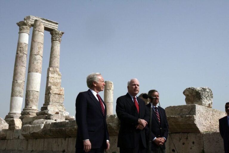 Presidential hopeful John McCain speaks as Senator Lindsey Graham and Senator Joe Lieberman look on during their visit to the Amman Citadel, an ancient Roman landmark in Amman, Jordan, on March 18, 2008.