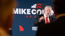 Republican candidate for US Senate Rep. Mike Collins gives a speech during a runoff election-night party, after securing the Republican nomination, in Jackson, Georgia, on June 16.