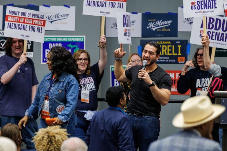 Abdul El-Sayed, a US Senate candidate from Michigan, speaks at the Michigan Democratic Party Endorsement Convention in Detroit, Michigan, on April 19.