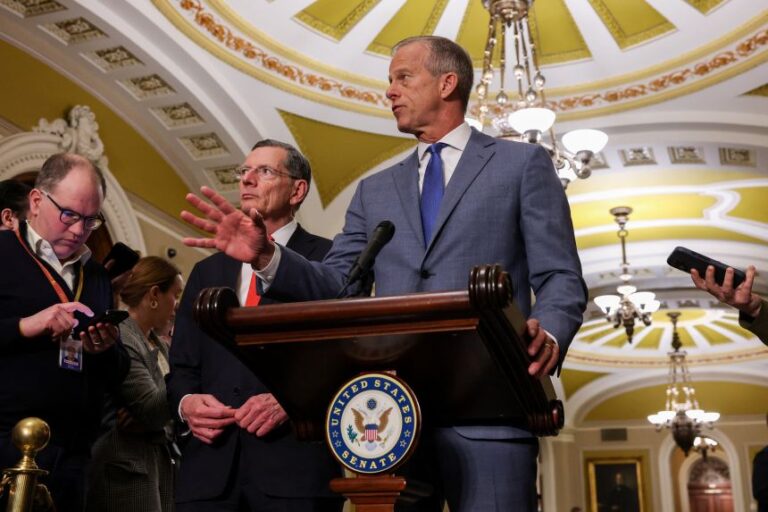 US Senate Majority Leader John Thune, next to Senate Republican Whip John Barrasso, following their weekly policy lunch on Capitol Hill in Washington, DC, on February 25, 2026.