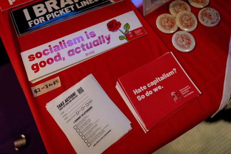 Items on a table during an election night party held by the LA chapter of Democratic Socialists of America, at at The Greyhound in Los Angles, on November 4, 2025.