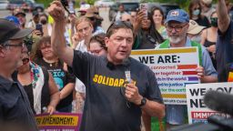Troy Jackson, Democratic candidate for US Senate, speaks during a demonstration outside of a federal immigration office in Scarborough, Maine, on July 14.