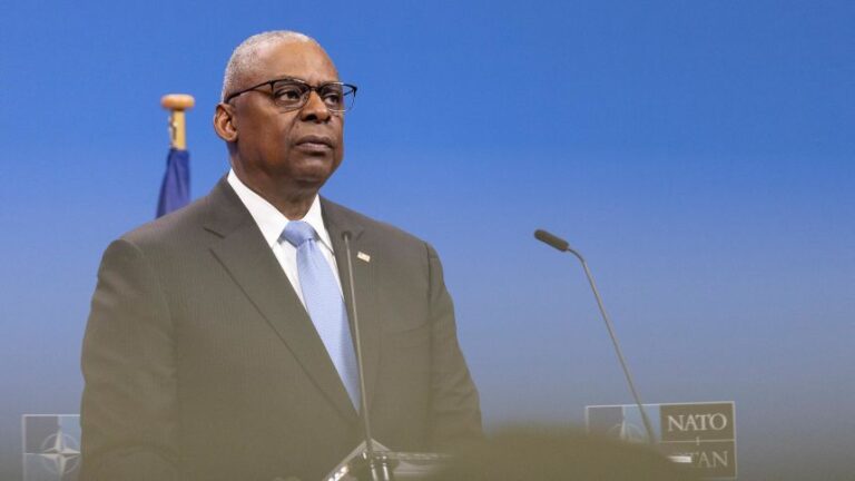 US Secretary of Defense Lloyd Austin holds a closing press conference during the second of two days of defense ministers' meetings at NATO headquarters on October 18 in Brussels, Belgium.