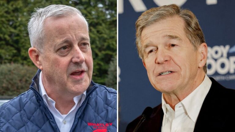 Republican Michael Whatley, left, and Democrat Roy Cooper.