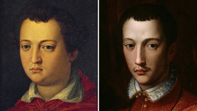 Portraits of Cardinal Giovanni di Cosimo I de' Medici, by Agnolo Bronzino (left), and Francesco de' Medici, attributed to Alessandro Allori (right).